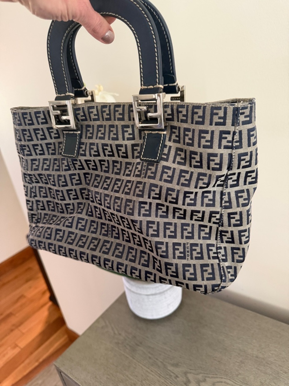 Fendi Zucca Logo Tote in Navy and Beige Canvas - Picture 7 of 11